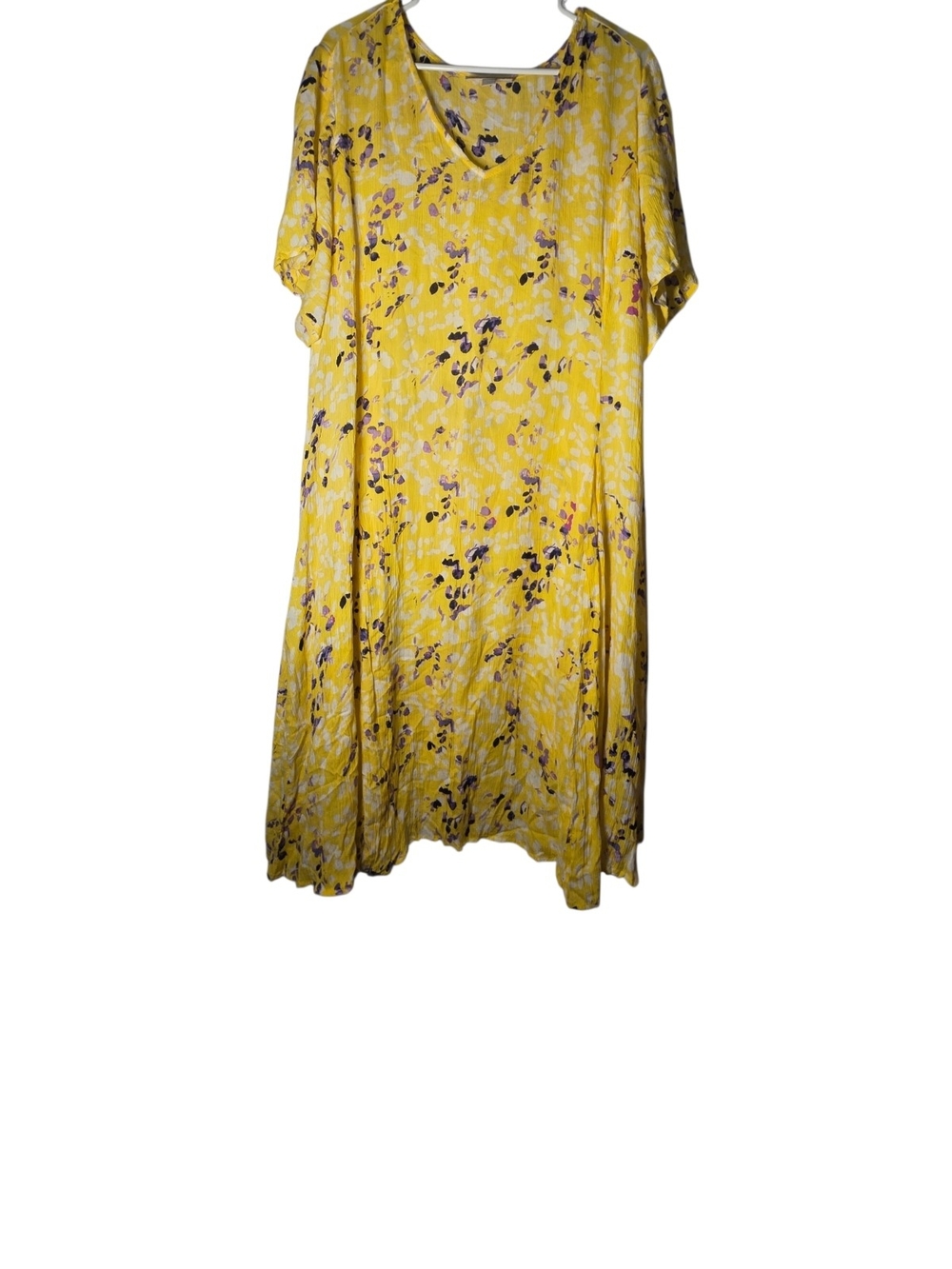 Woman Within Primrose Yellow Leaf Floral Flared V-Neck Short Crinkle Dress 28W
